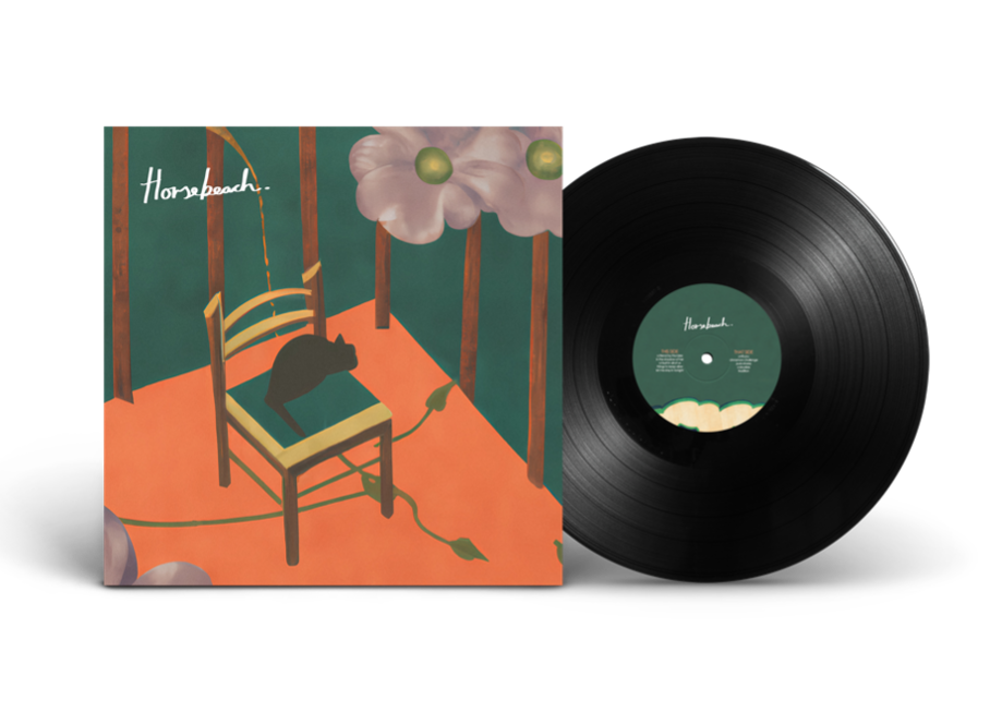 Vinyl record with painted cover featuring a chair and floral illustration.