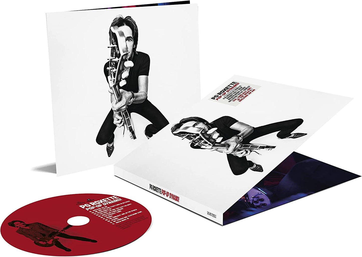 "CD case with a red disc and white packaging featuring a black and white image."