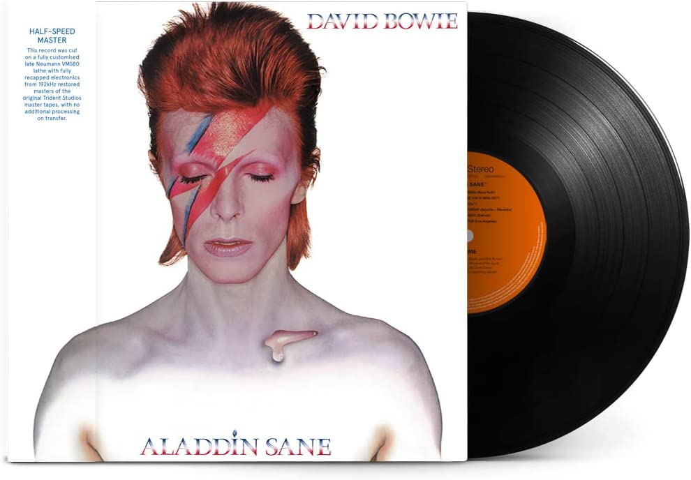 David Bowie’s “Aladdin Sane” 50th anniversary vinyl record with iconic cover art.