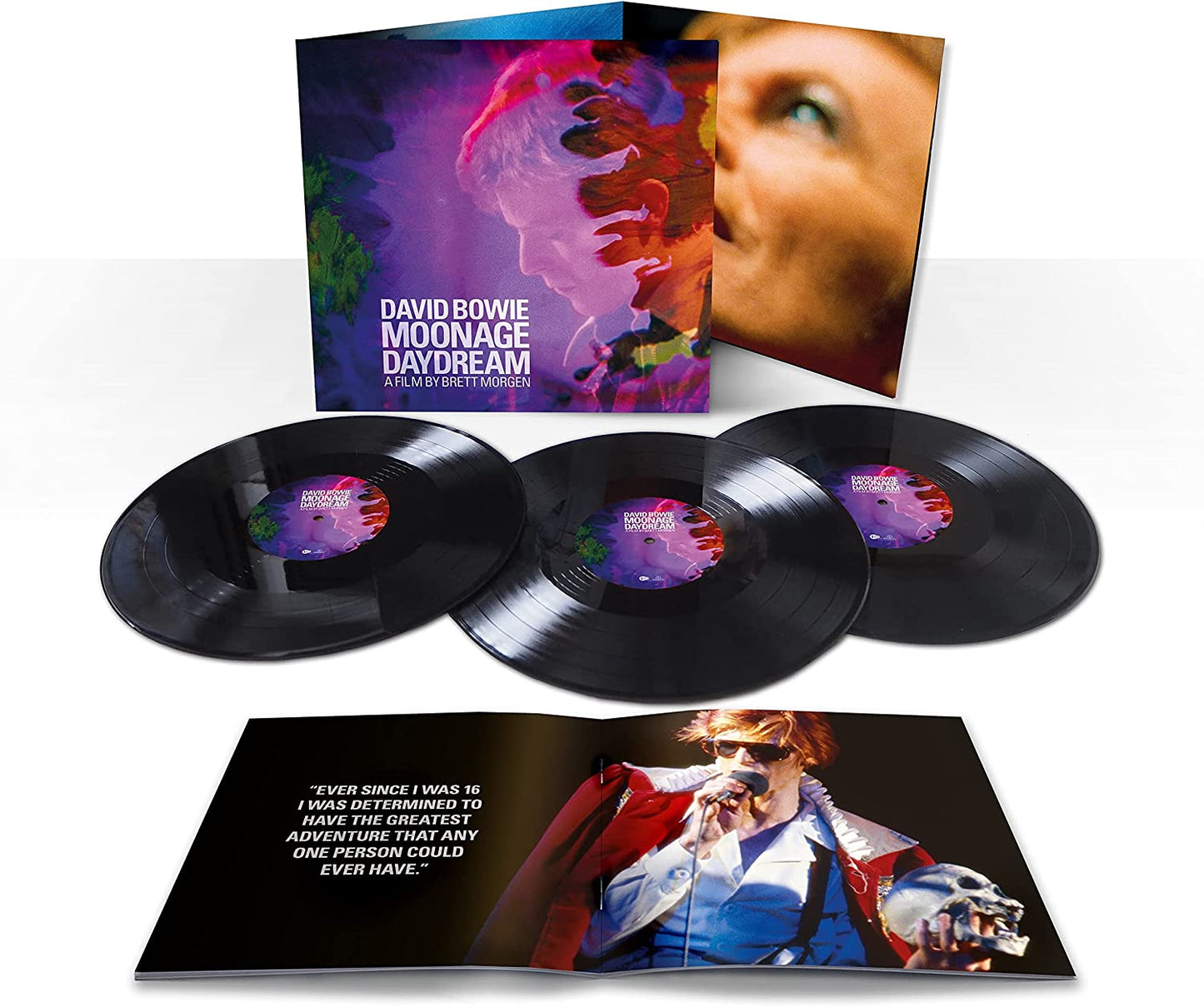"David Bowie Moonage Daydream vinyl box set with three records and booklet."