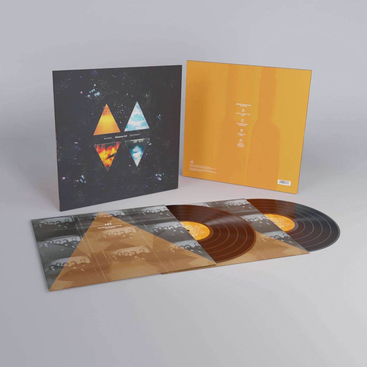Marillion’s “Seasons End” 2LP vinyl record with colorful center labels and sleeve.
