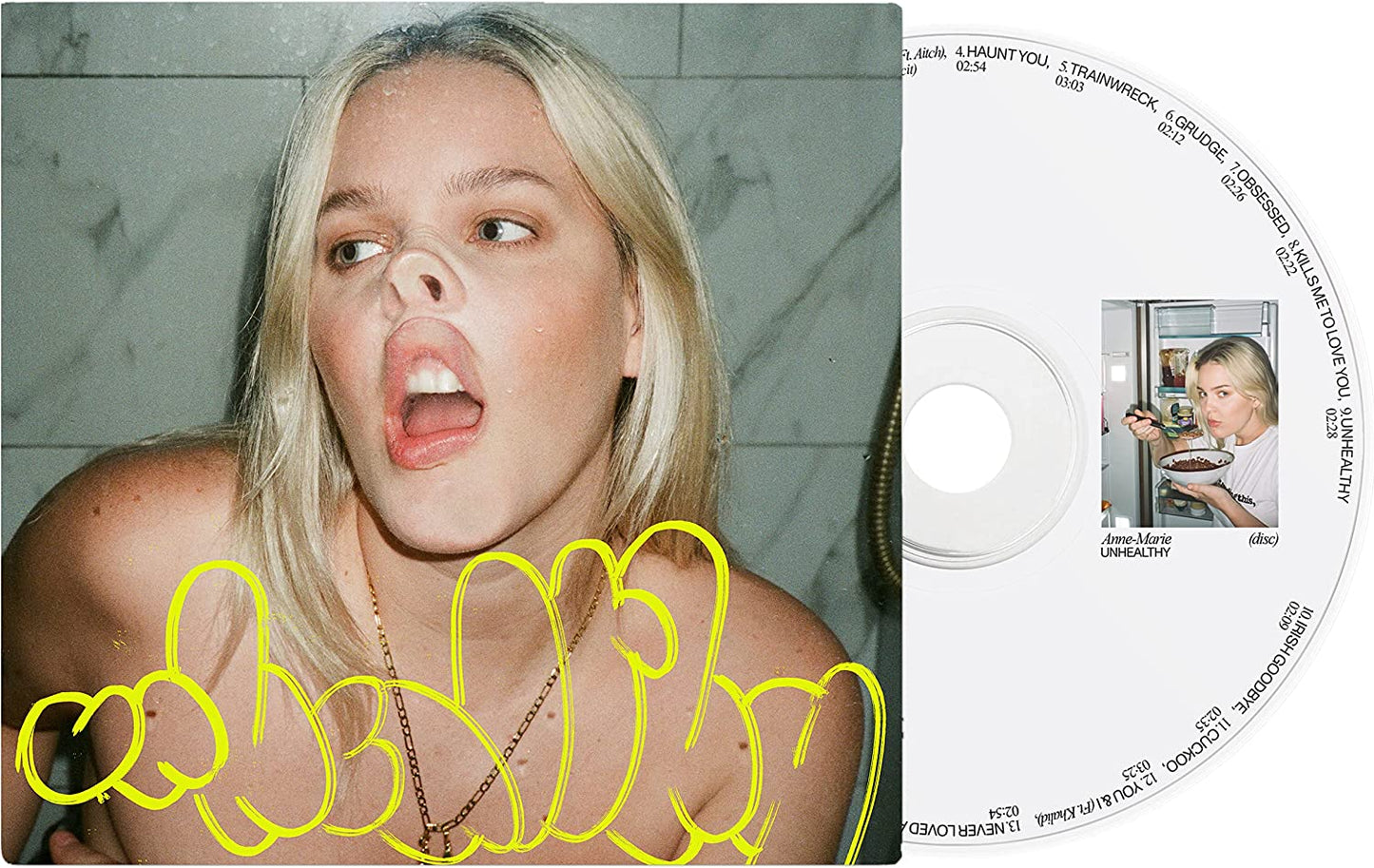 CD cover for Anne-Marie’s “UNHEALTHY” album, featuring a distorted face.