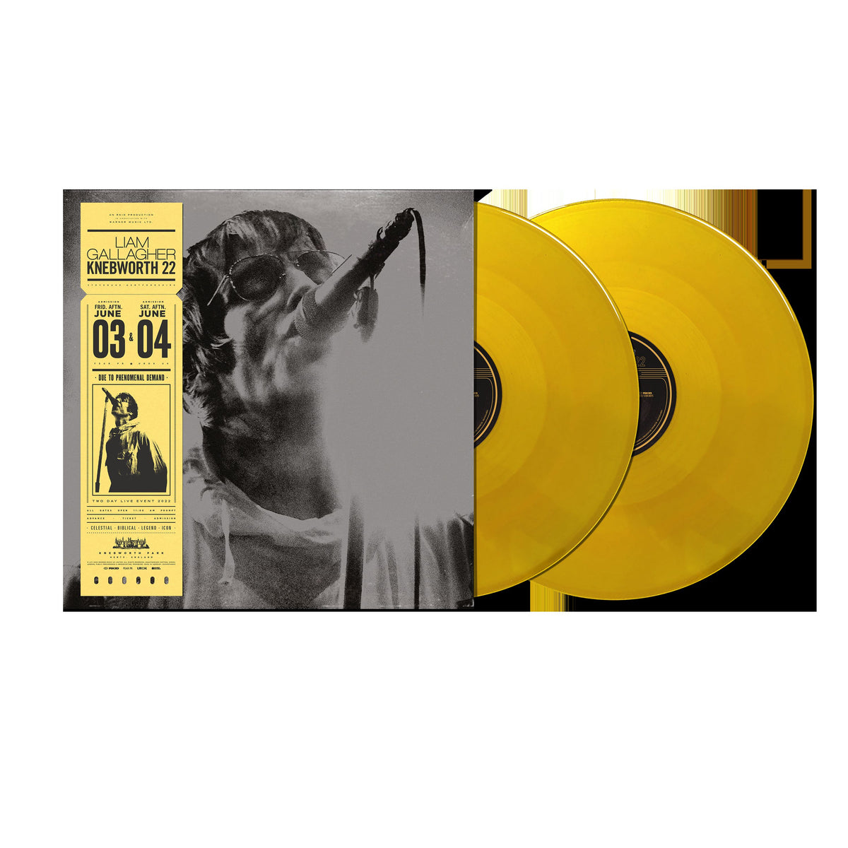 Liam Gallagher Knebworth 22 sun yellow vinyl 2LP with concert artwork.