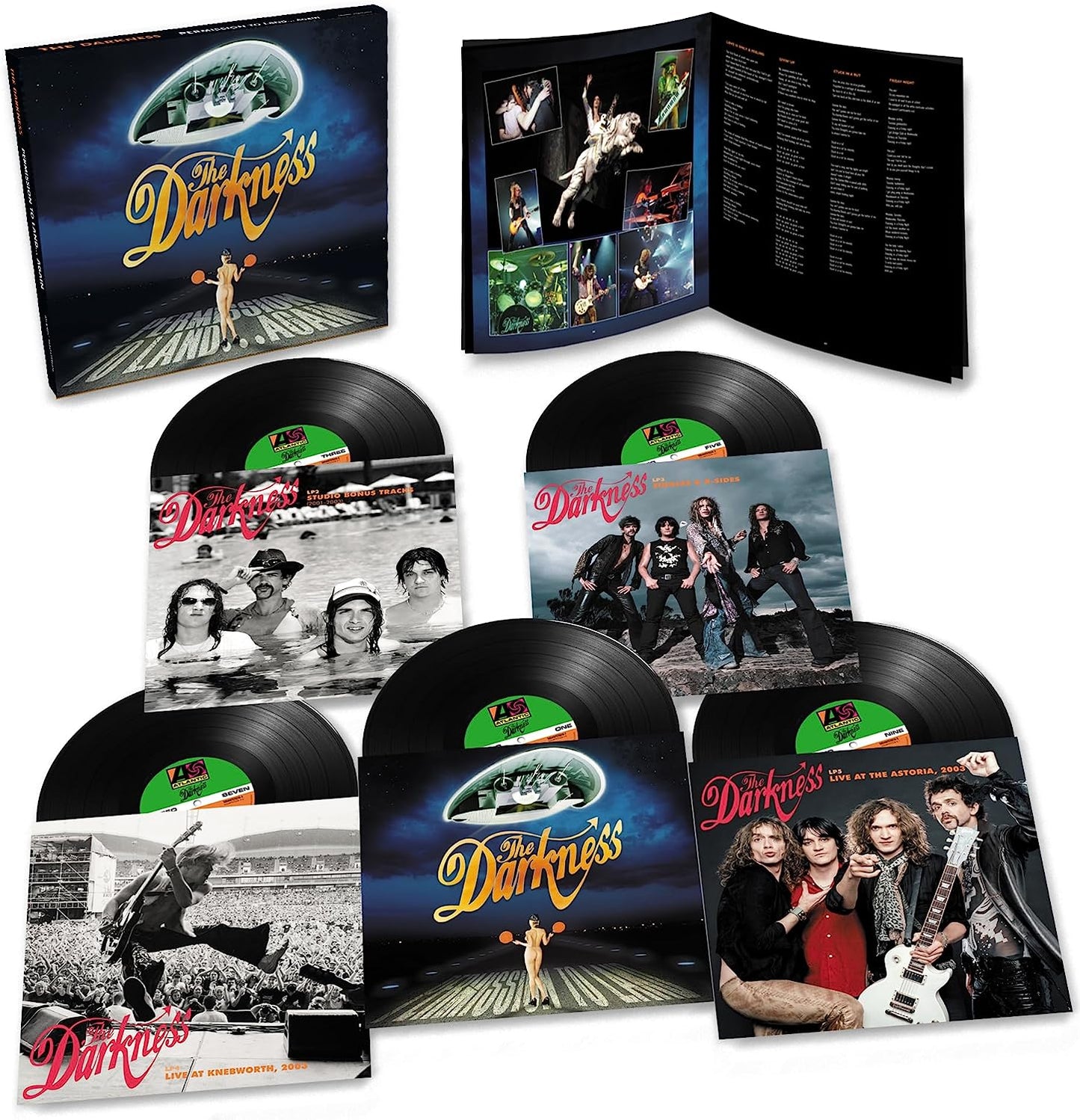 "Box set of vinyl records with various covers featuring The Darkness band."
