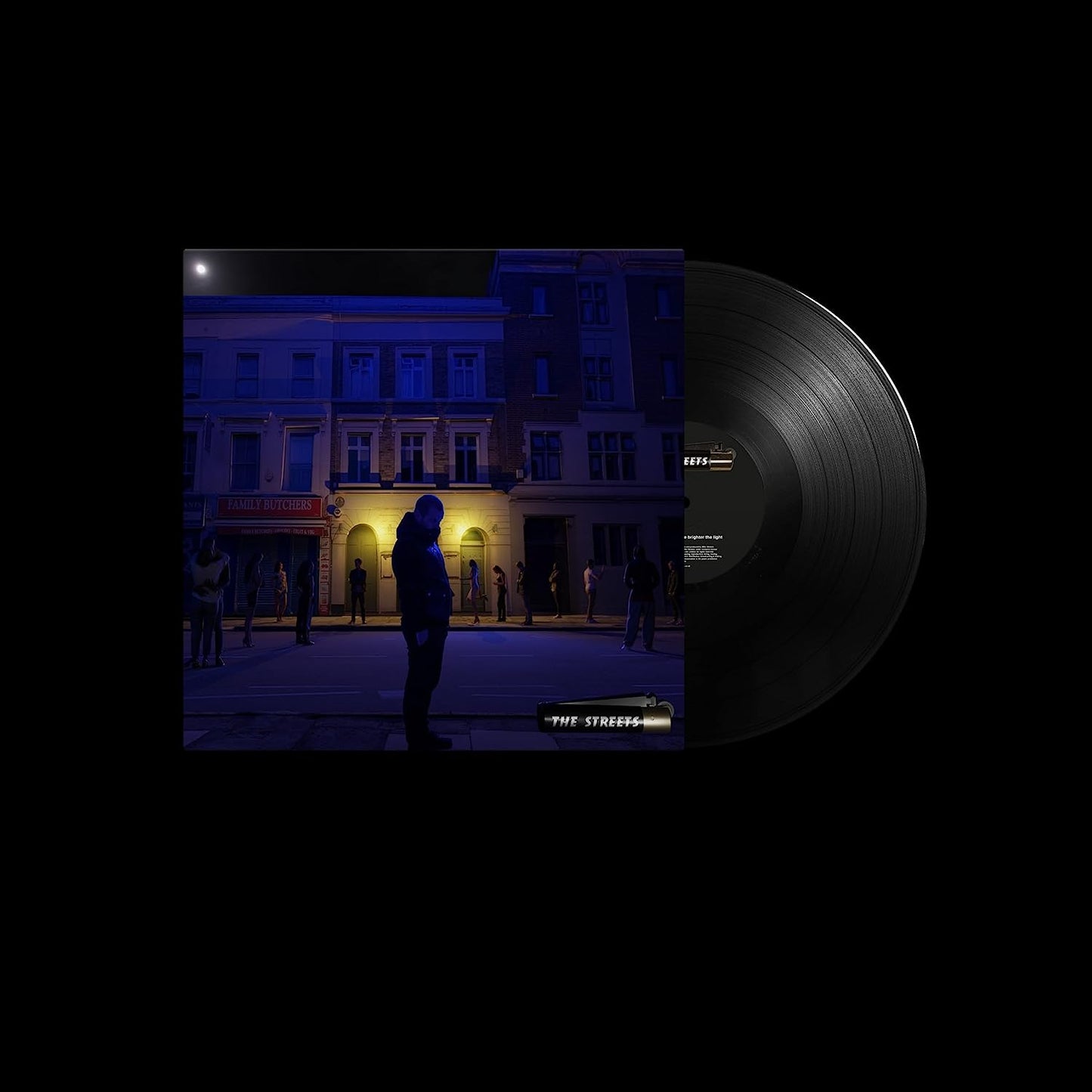 "Vinyl record cover with a dark street scene and a partially visible black vinyl."
