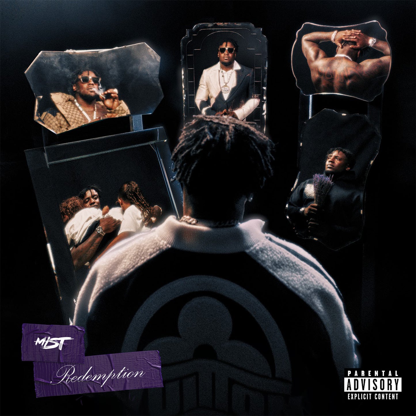 "Album cover with a man facing away, surrounded by images of himself in different poses."