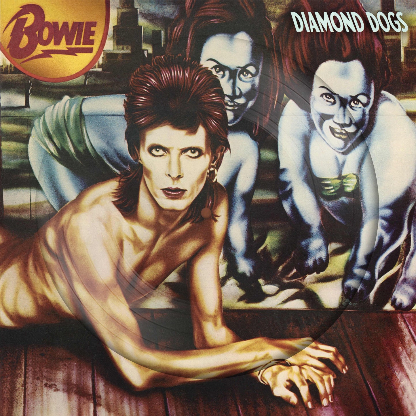 David Bowie’s “Diamond Dogs” vinyl album cover with illustrated figures.
