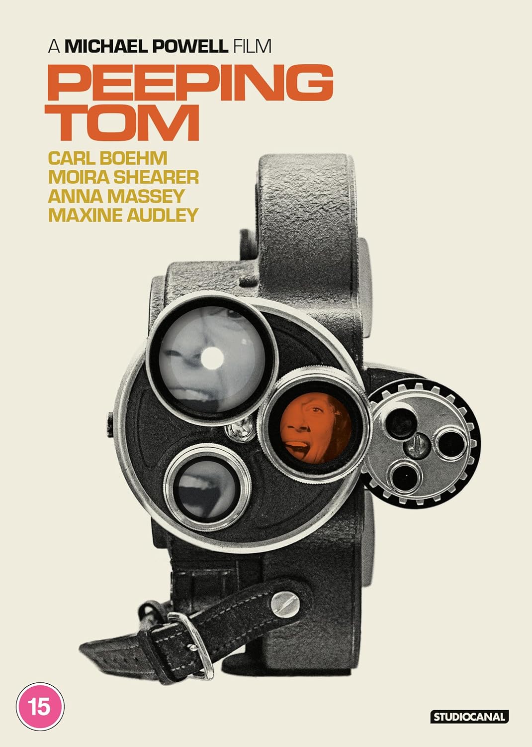 DVD cover for "Peeping Tom" featuring a camera lens reflecting a face.