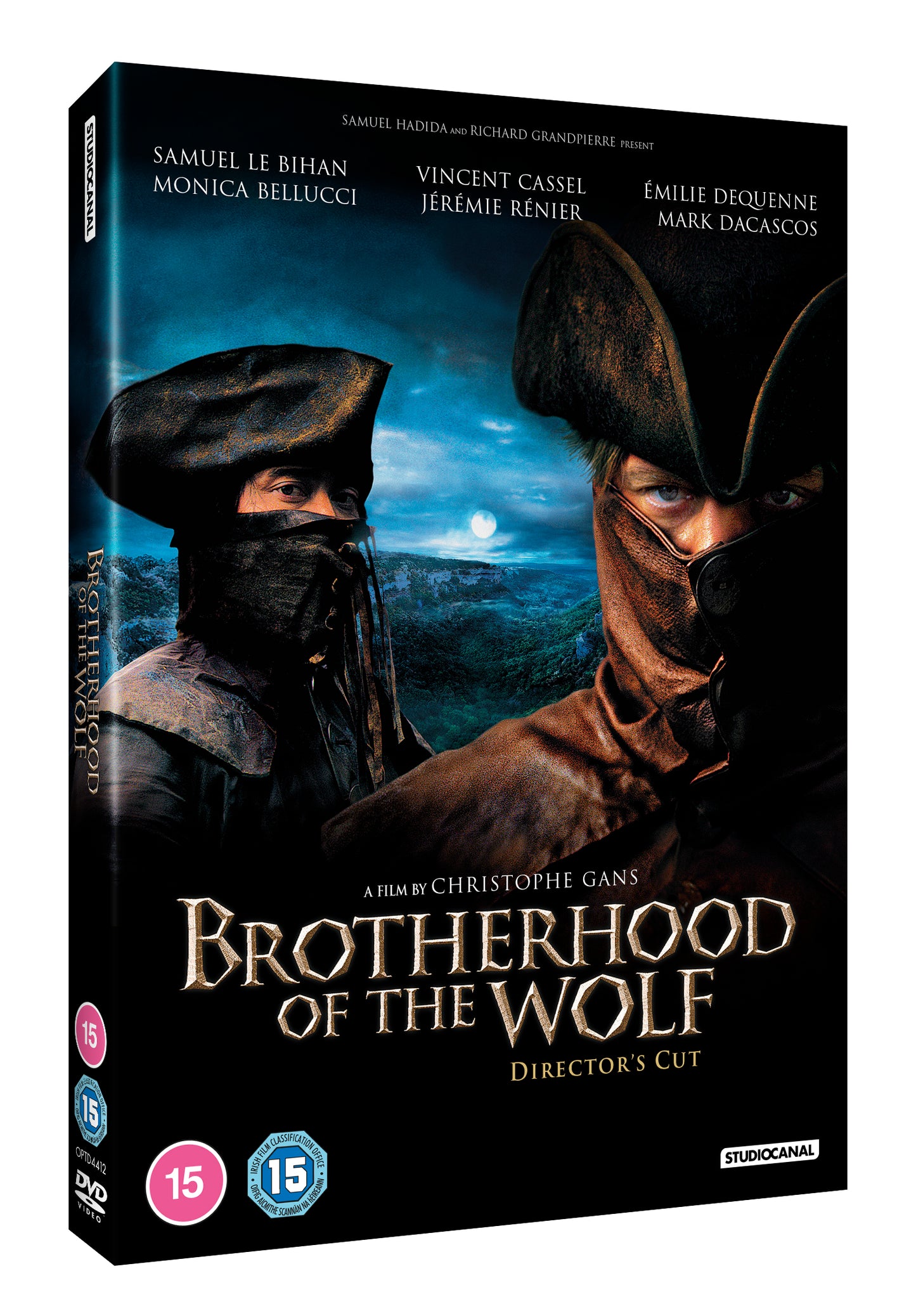 "Brotherhood of the Wolf DVD cover featuring two masked men against a moonlit landscape."
