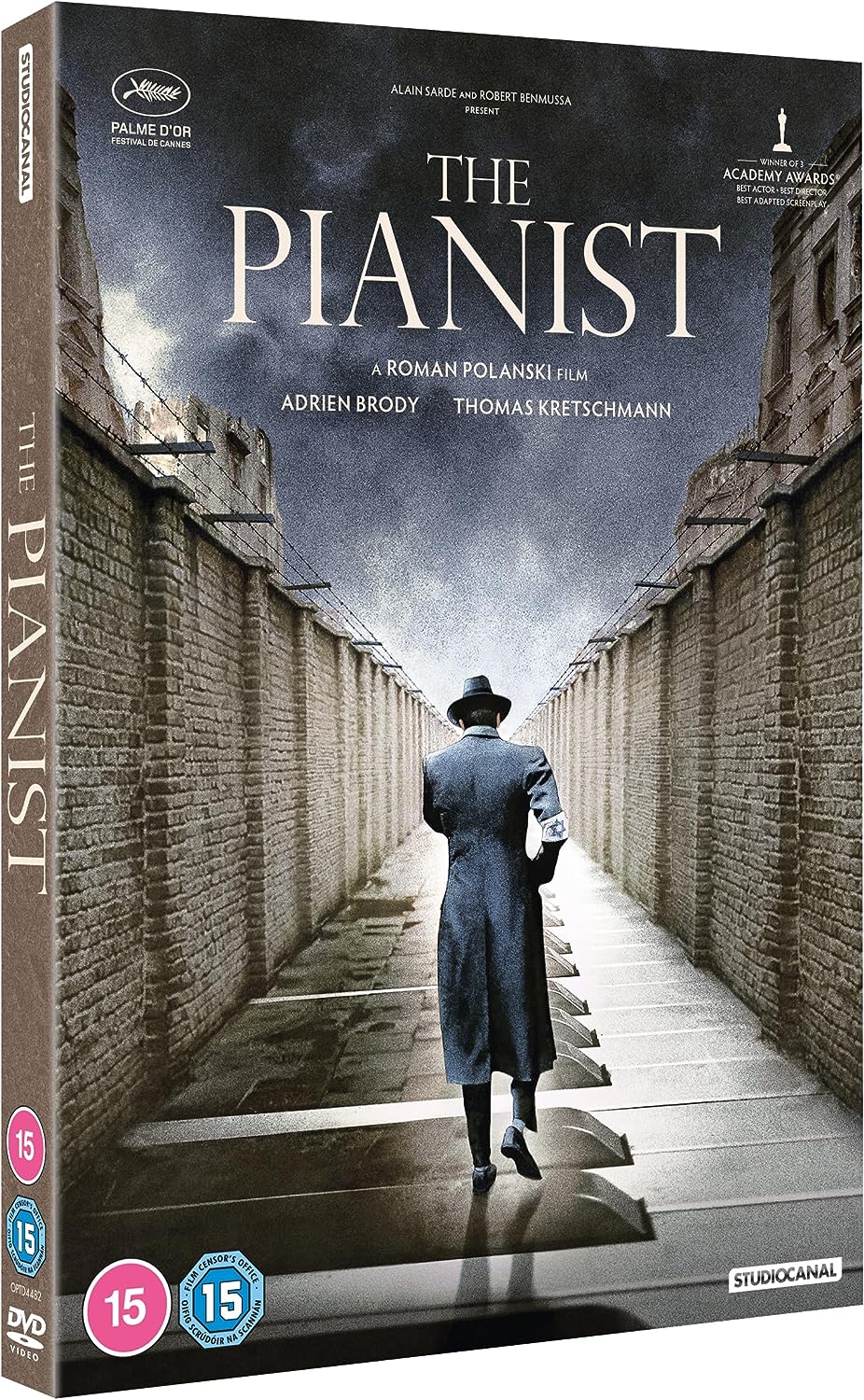 DVD case for "The Pianist" with a man walking between brick walls.