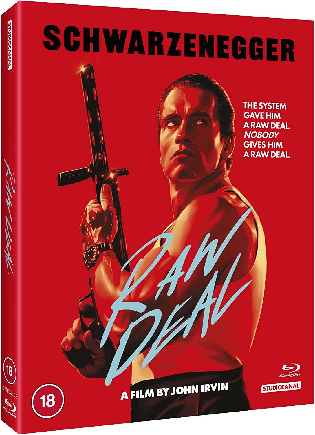 Arnold Schwarzenegger holding a gun on the cover of the Blu-ray movie "Raw Deal".