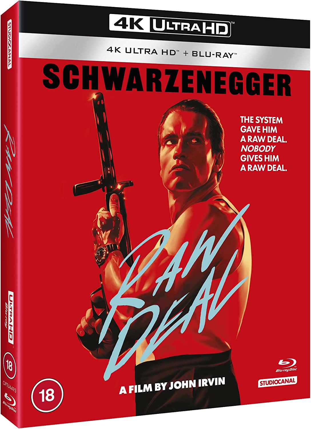“Raw Deal” Blu-ray cover featuring Arnold Schwarzenegger with a handgun, red background.