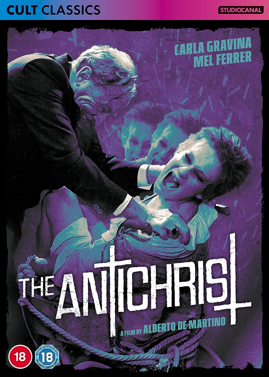 DVD cover of "The Antichrist" with a man being strangled against a purple background.
