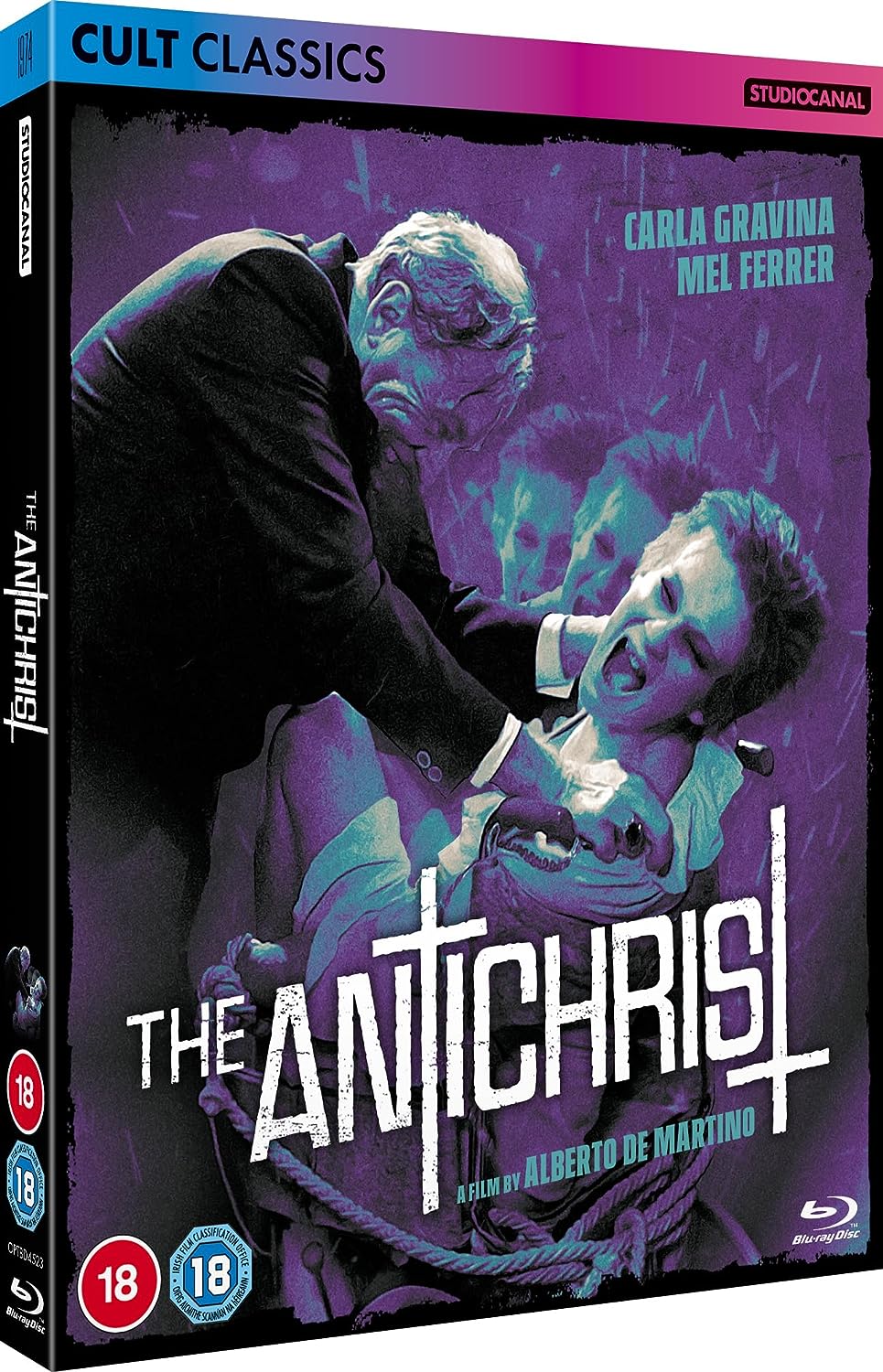"The Antichrist" Blu-ray case with a man restraining a woman, purple background.