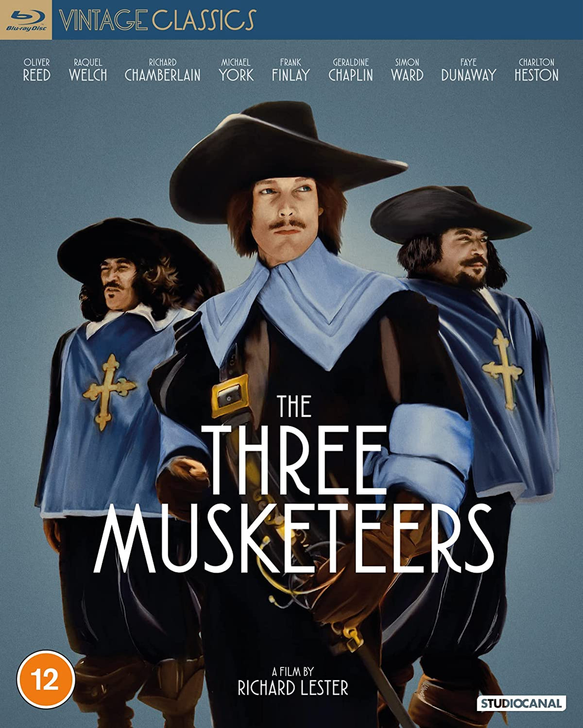 Blu-ray cover for "The Three Musketeers" featuring actors and swords.
