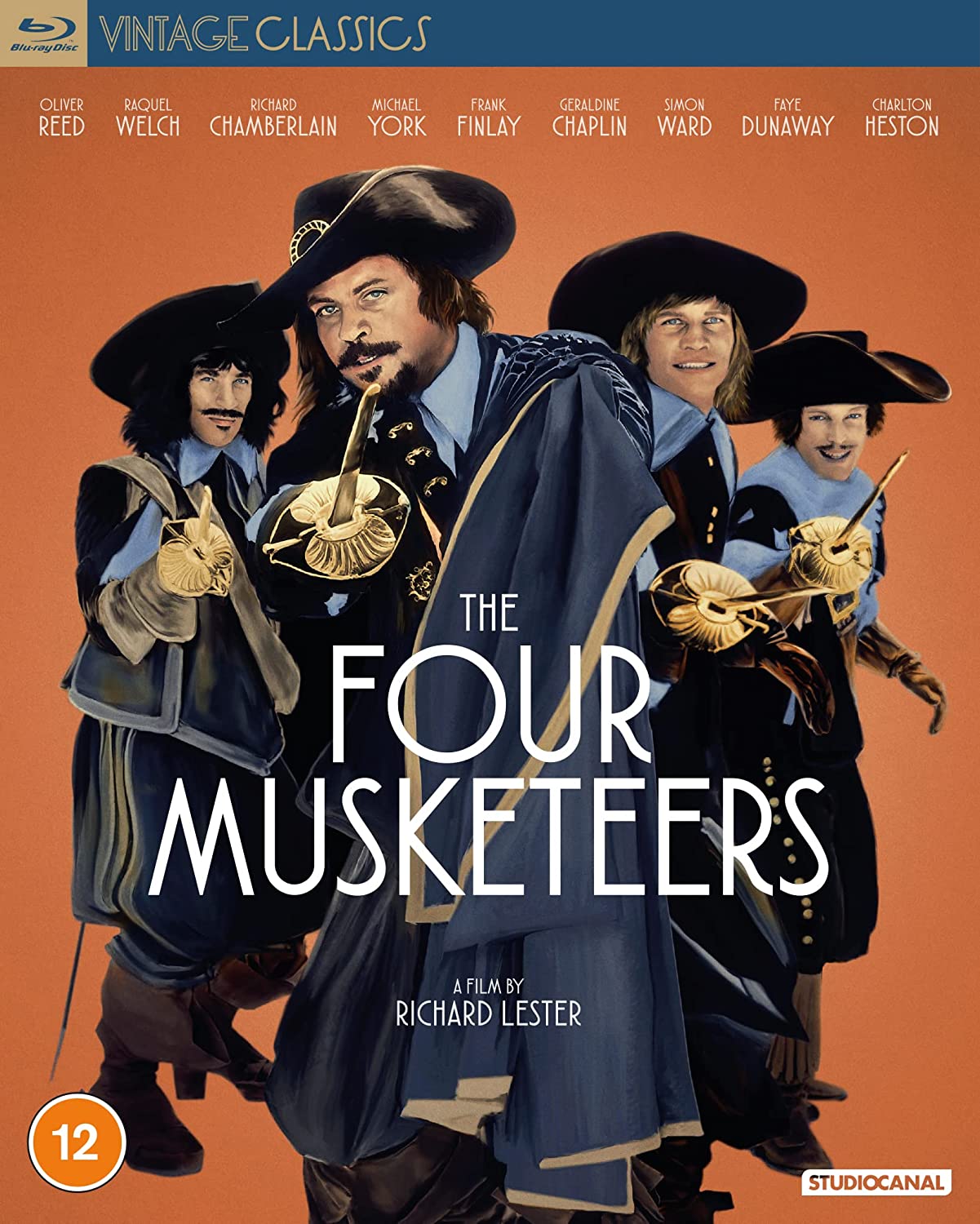 "Blu-ray cover of 'The Four Musketeers' featuring four men in 17th-century attire."