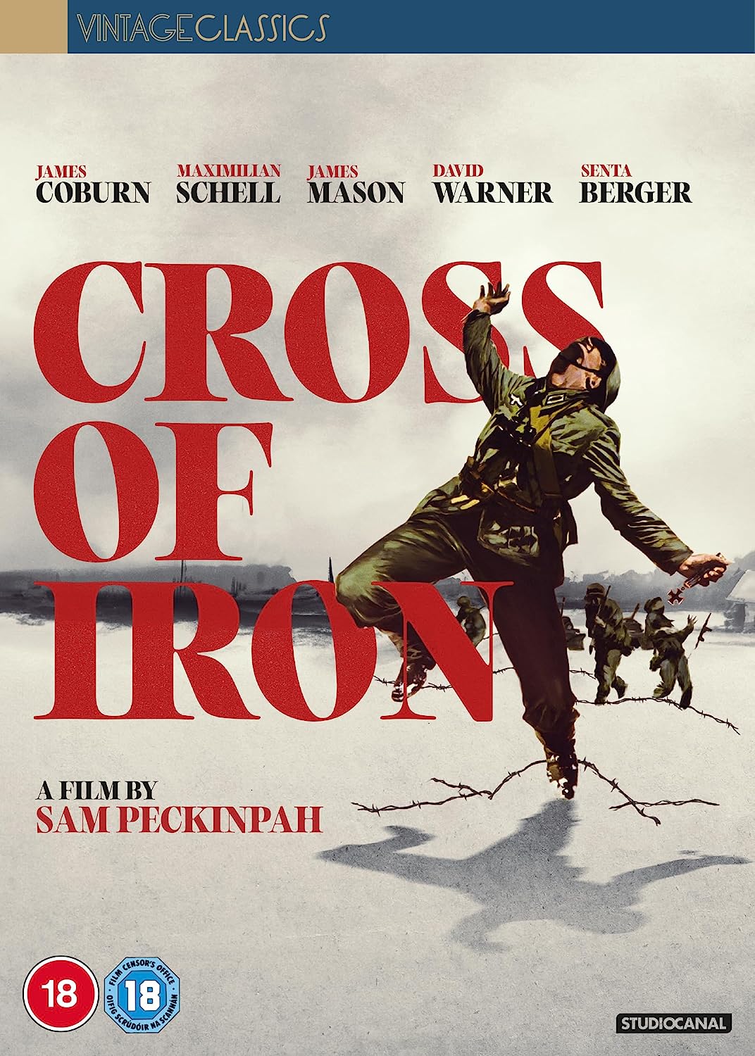 DVD cover for "Cross of Iron" featuring a soldier in a snowy battlefield.