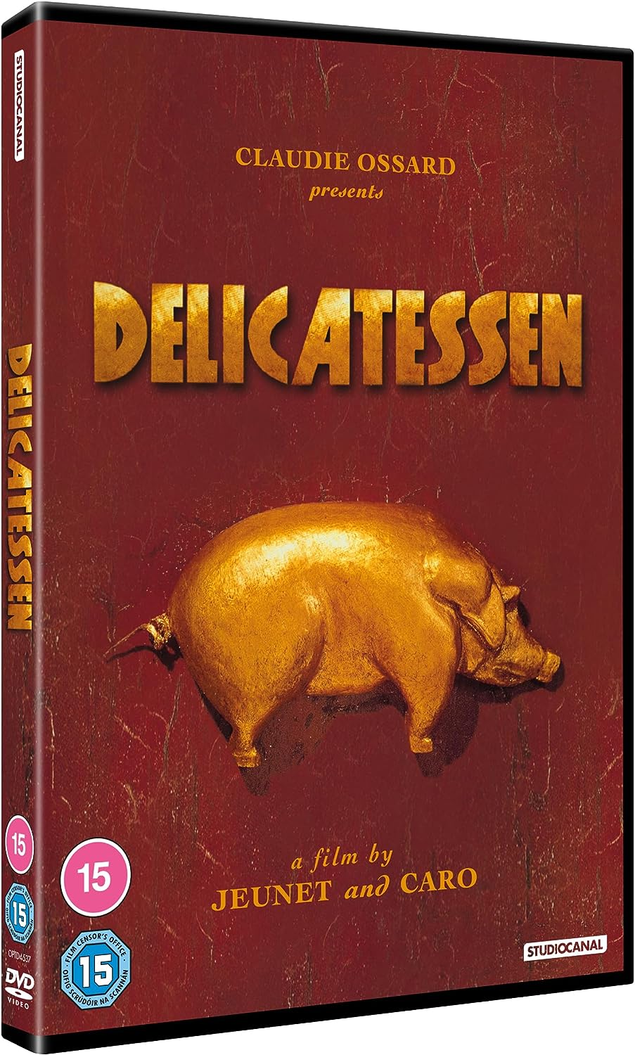 DVD cover for "Delicatessen" featuring a roasted pig on a textured background.