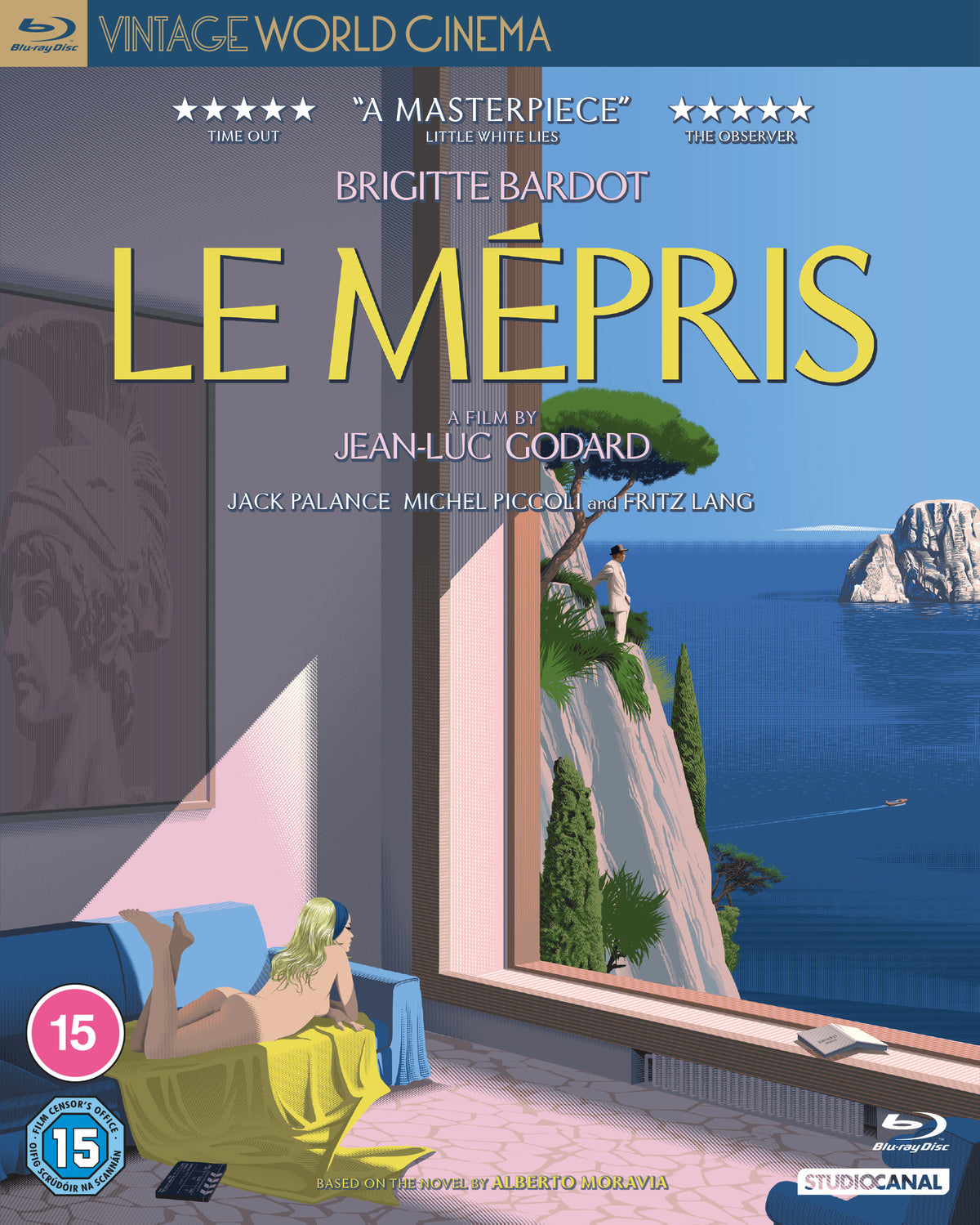 Blu-ray cover for French film *Le Mépris* featuring Brigitte Bardot and a man.