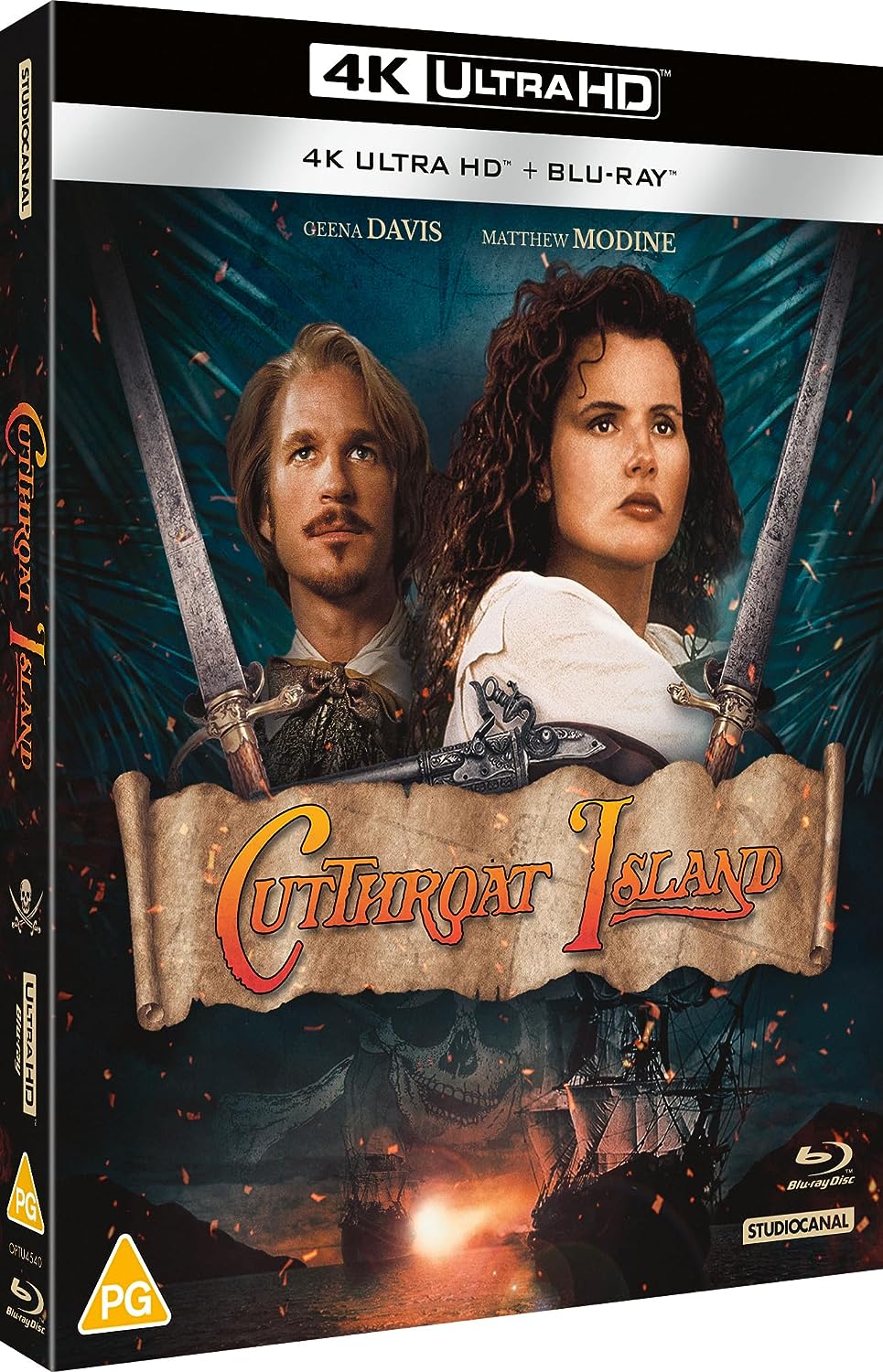 "Cutthroat Island" 4K Ultra HD Blu-ray case with pirate-themed cover art featuring two main characters.