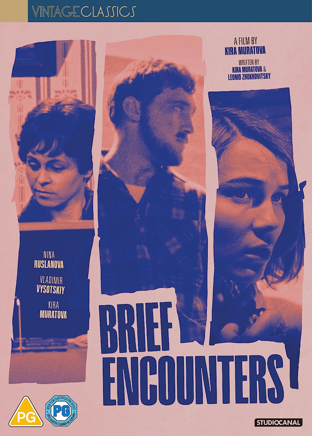 DVD cover for "Brief Encounters" with three blue-tinted portraits on a pink background.