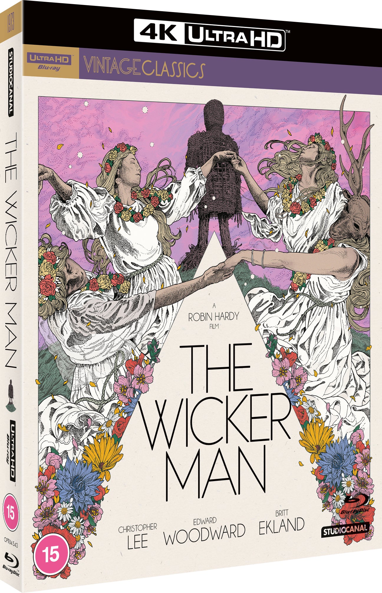 “The Wicker Man” UHD Blu-ray cover with illustrated figures and floral design.