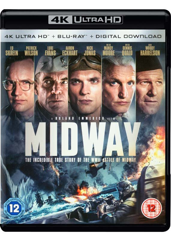 Midway UHD Blu-ray cover featuring portraits of actors and wartime planes.