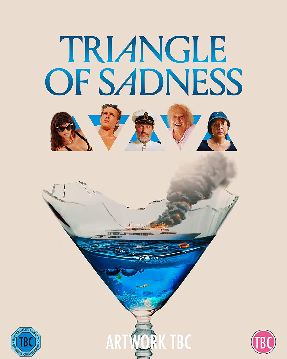 Triangle of Sadness" Blu-ray cover featuring a yacht, people, and stormy seas.