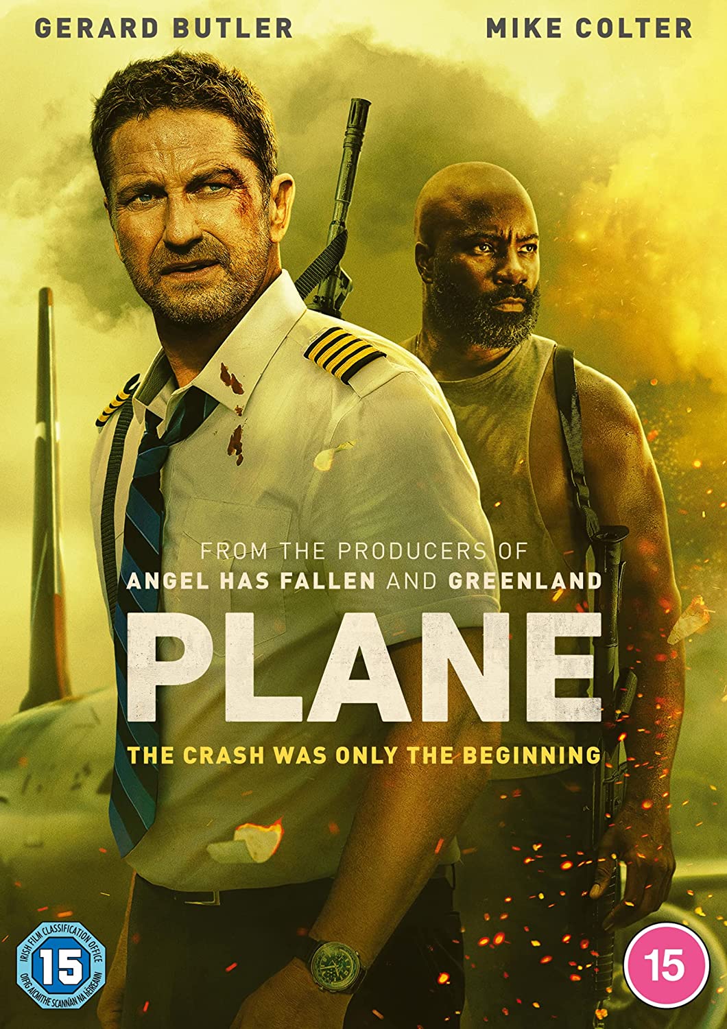 DVD cover for action film "Plane" featuring Gerard Butler and Mike Colter.