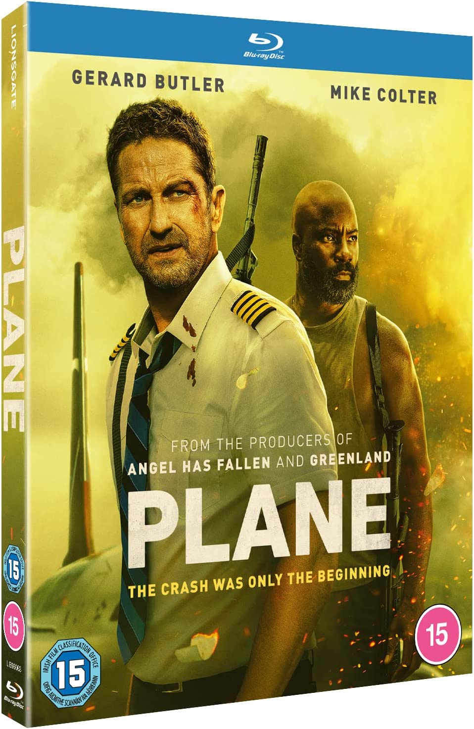 “Plane” Blu-ray cover featuring Gerard Butler and a crashed airplane in stormy seas.