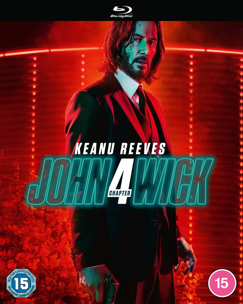 "Blu-ray cover featuring Keanu Reeves as John Wick, holding a gun, with red neon lights."