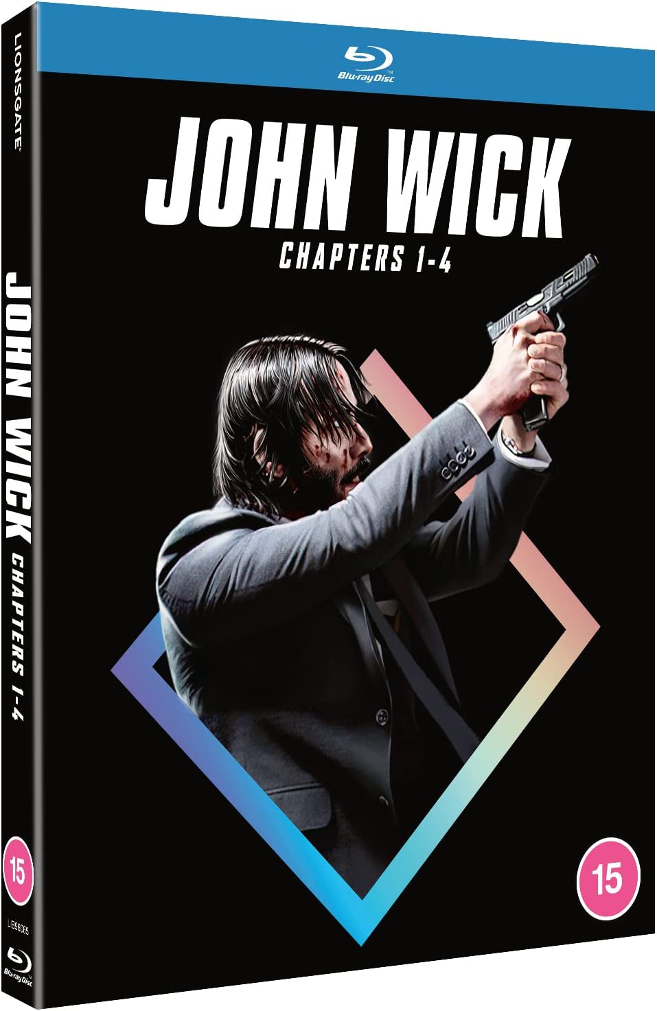 Blu-ray boxset cover for John Wick Chapters 1-4, featuring Keanu Reeves.