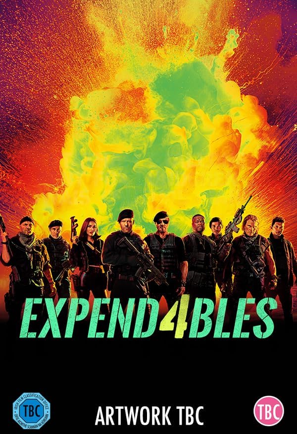 The Expend4bles" DVD cover featuring a group of armed action heroes.