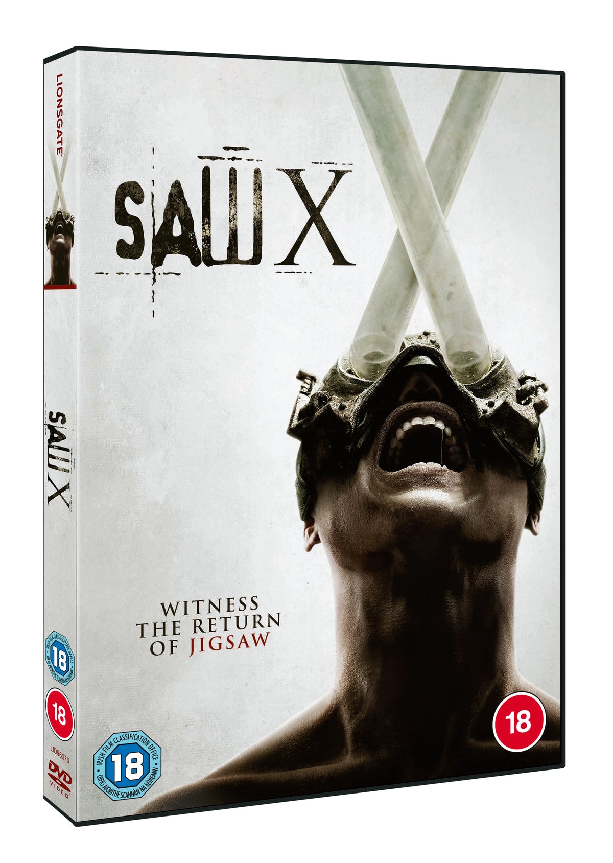 Saw X DVD cover featuring a distressed man with a mechanical device.
