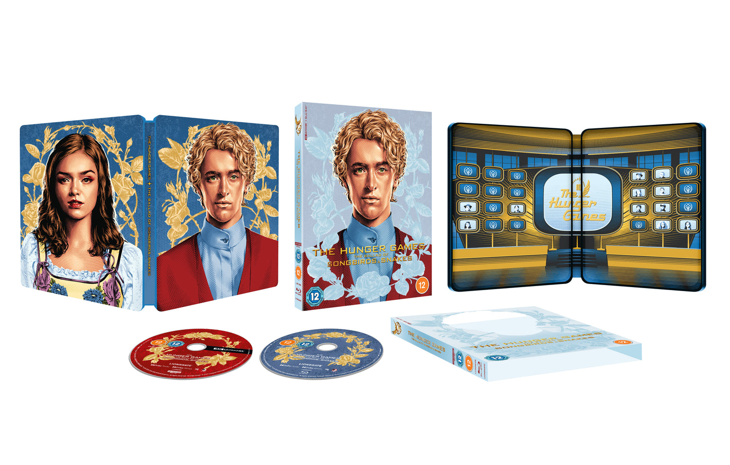 Steelbook Blu-ray case for "The Hunger Games: Songbirds & Snakes" with character portraits.