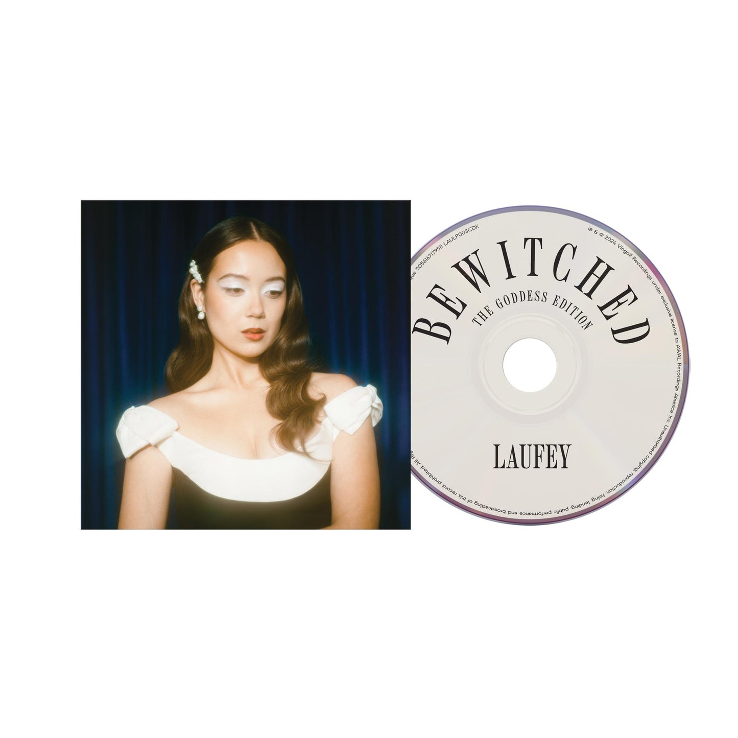 Laufey's "Bewitched" CD cover: portrait with floral hair, purple background.