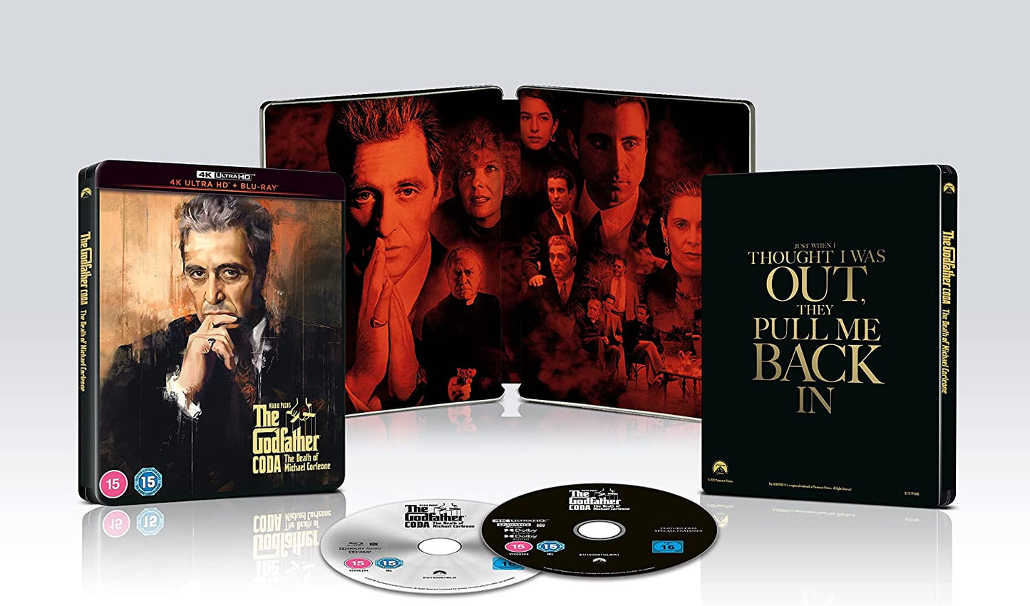 The Godfather Coda Steelbook 4K UHD and Blu-ray edition packaging.