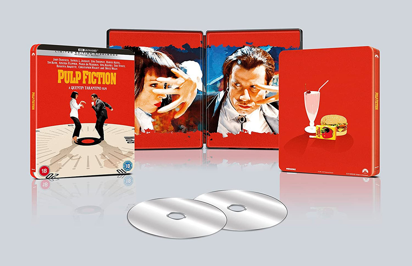 "Pulp Fiction" Blu-ray SteelBook cover featuring Uma Thurman and John Travolta dancing on a record.