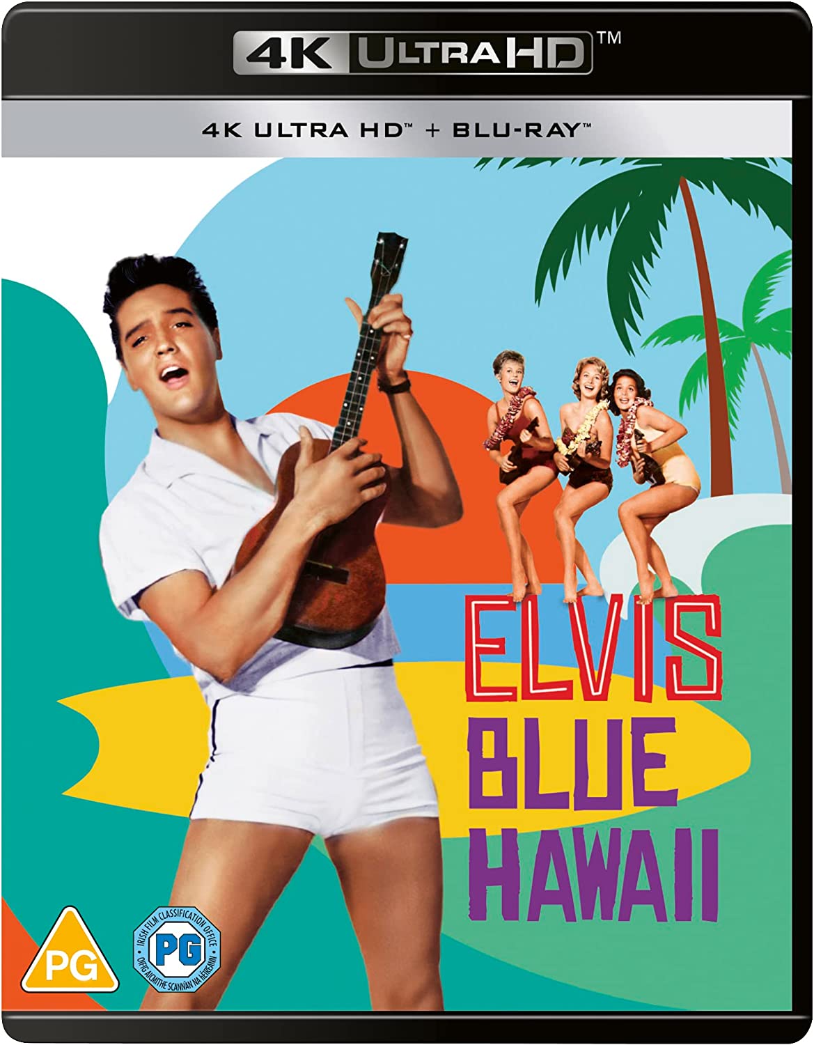 Blue Hawaii" 4K UHD Blu-ray cover featuring Elvis Presley with a guitar.