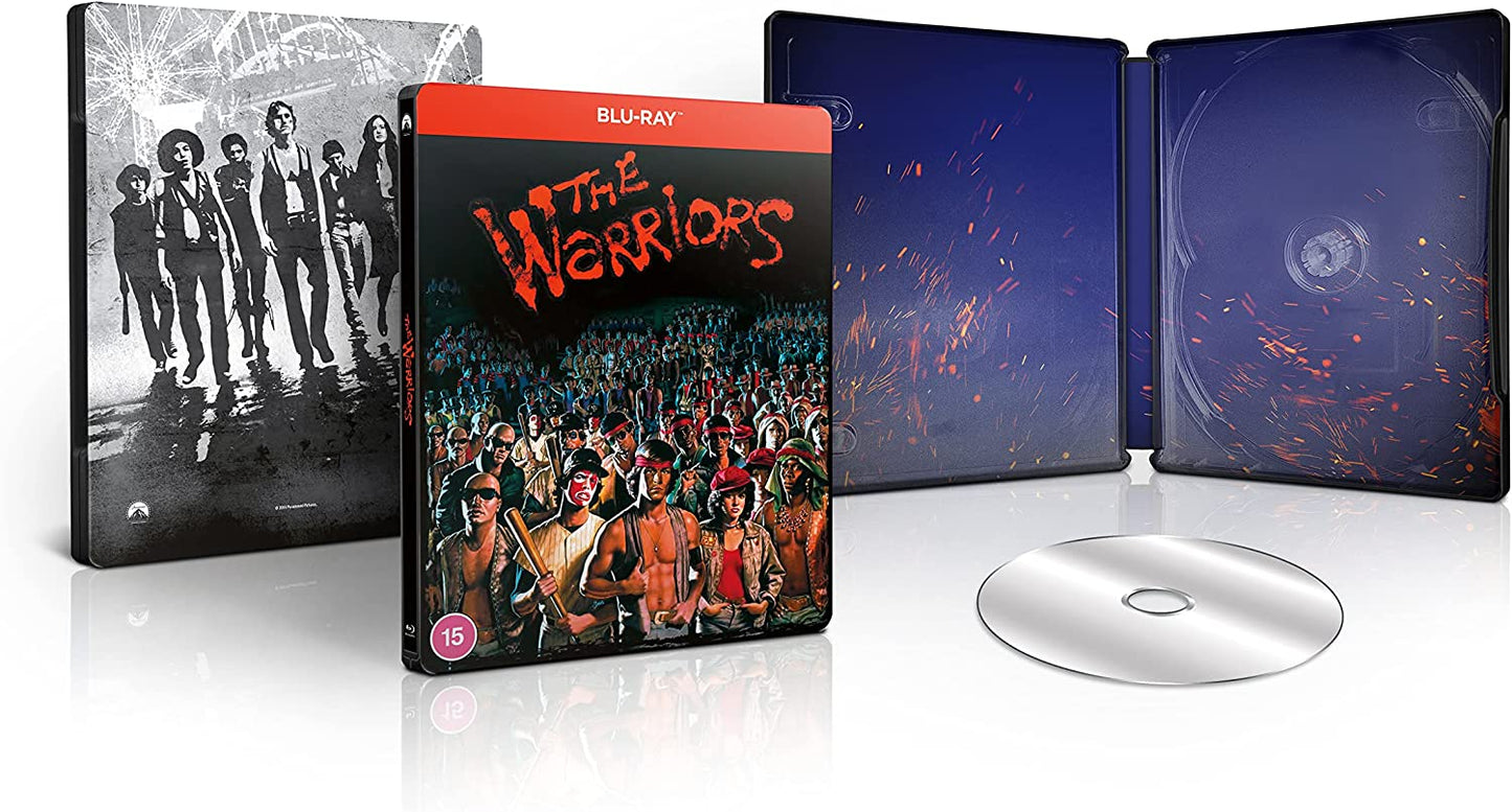 SteelBook Blu-ray case for “The Warriors” with group imagery and disc.