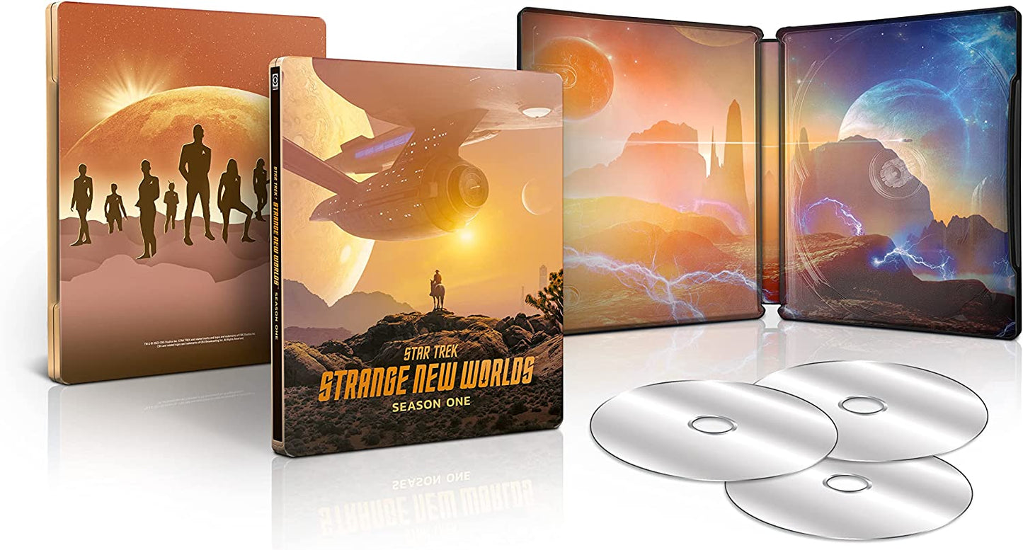 "Star Trek: Strange New Worlds Season One Blu-ray steelbook with three discs and artwork."