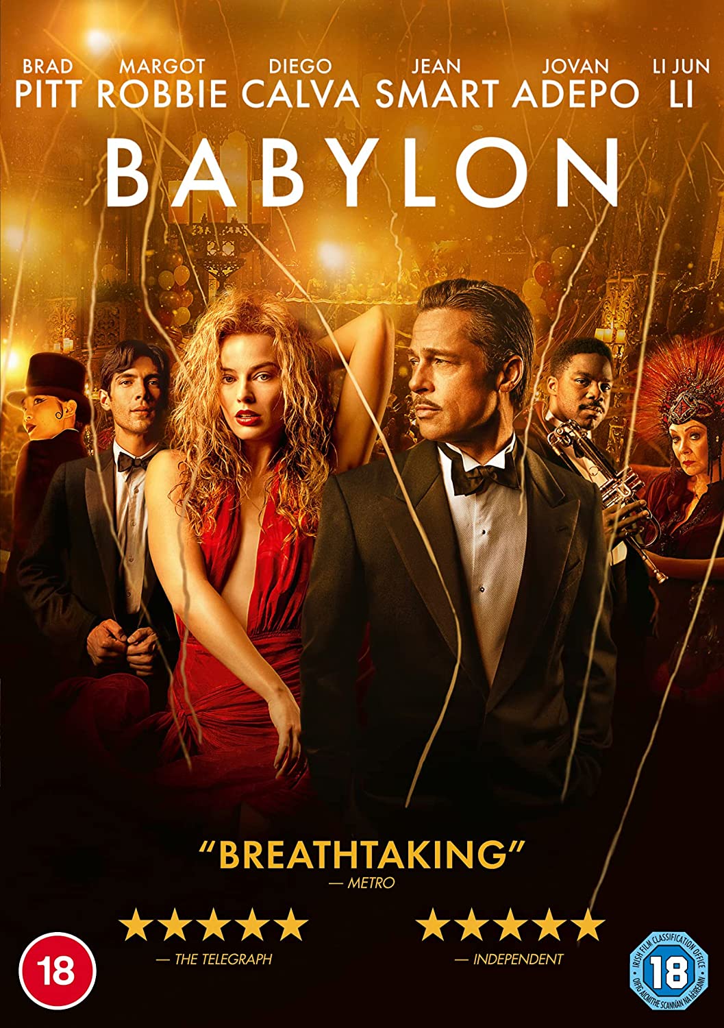 BABYLON DVD cover featuring Brad Pitt, Margot Robbie, and a glamorous cast.
