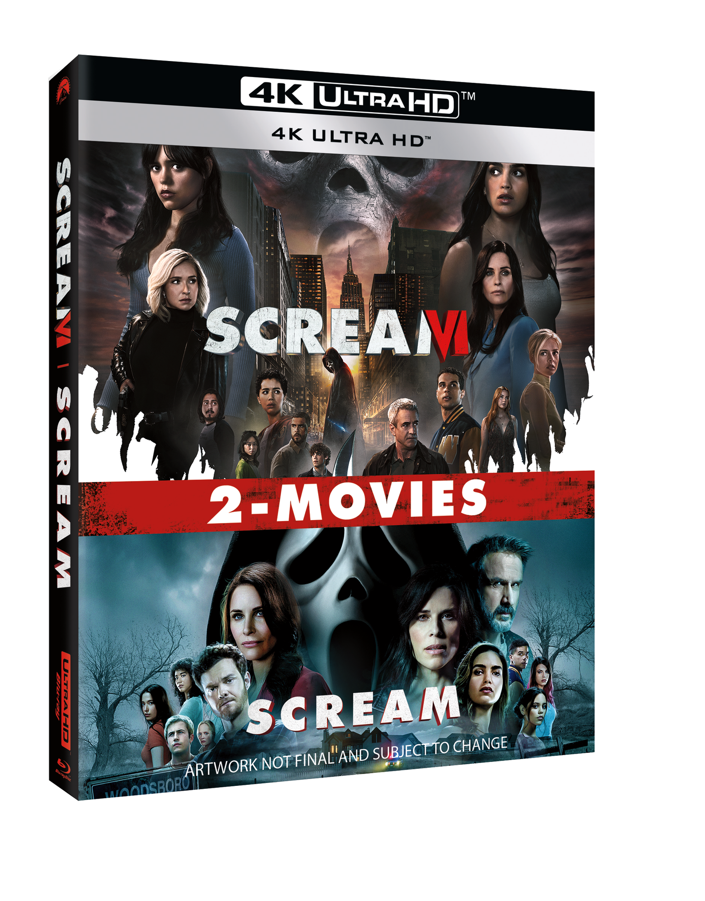 "Bluray box set for Scream movies, featuring character collages and ghostface masks."