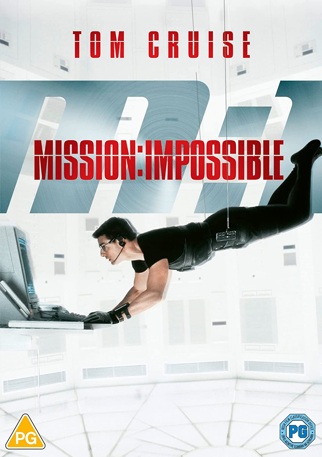 “Mission: Impossible” DVD cover featuring Tom Cruise in action, blue and white design.