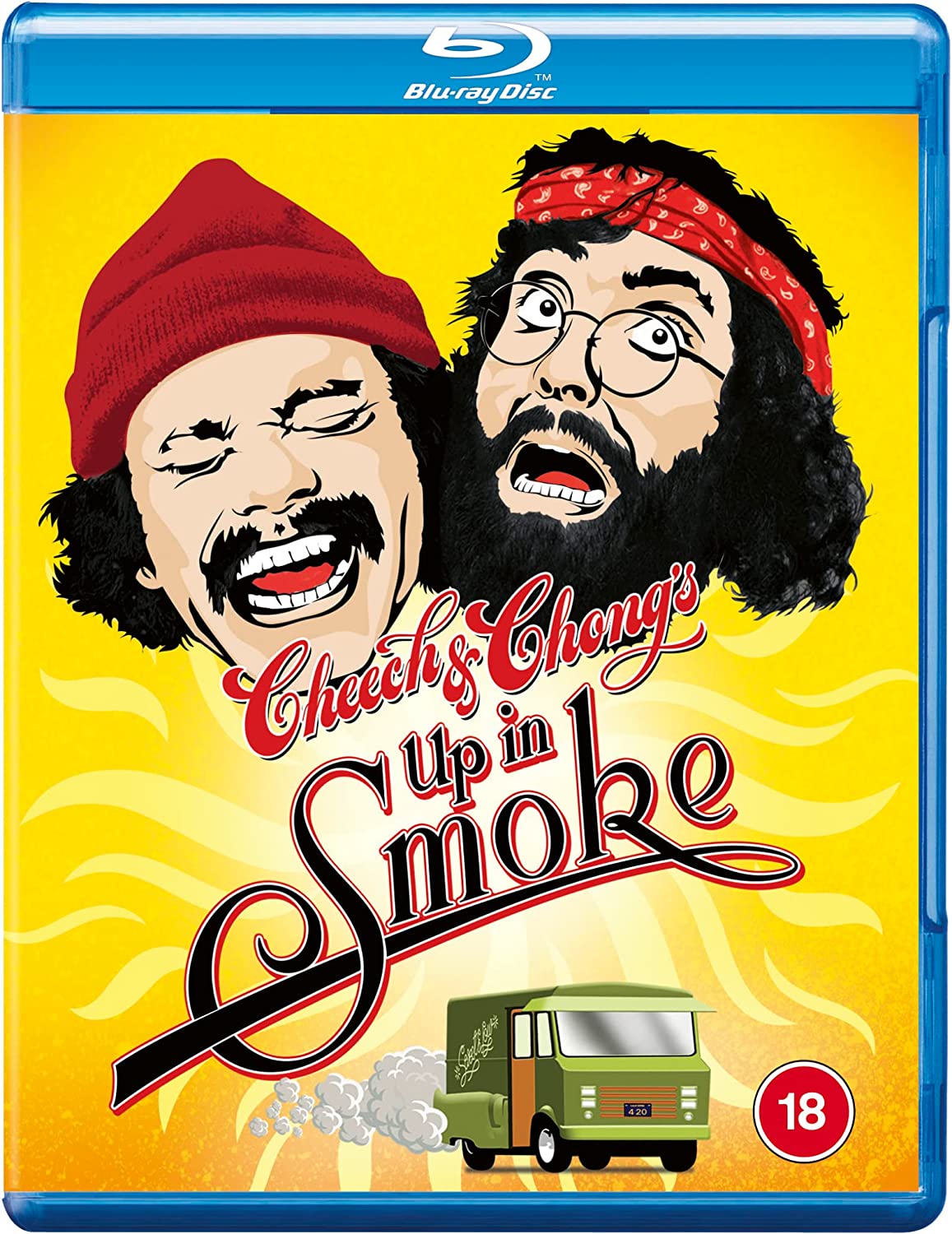Up in Smoke" Blu-ray cover featuring Cheech and Chong, a van, and smoke.