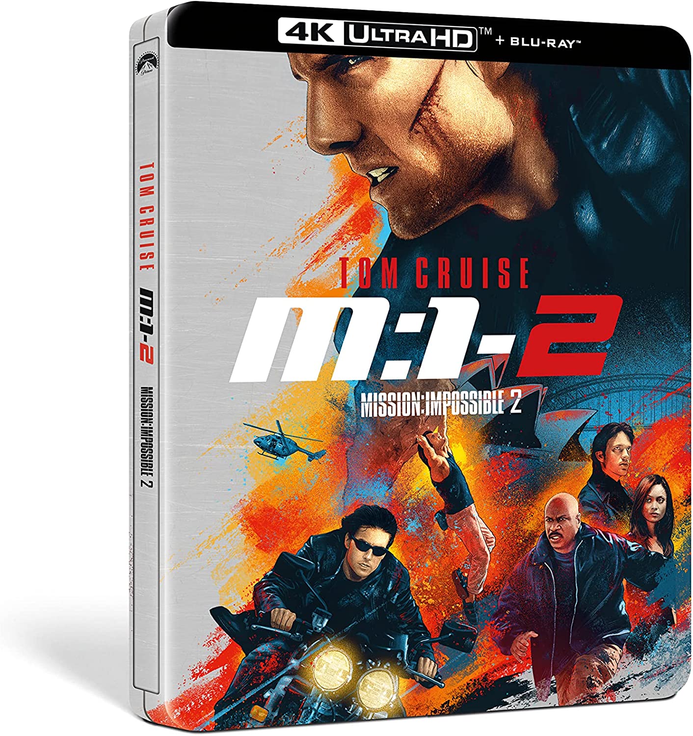 Steelbook Blu-ray case for "Mission: Impossible 2" featuring Tom Cruise on a motorcycle.