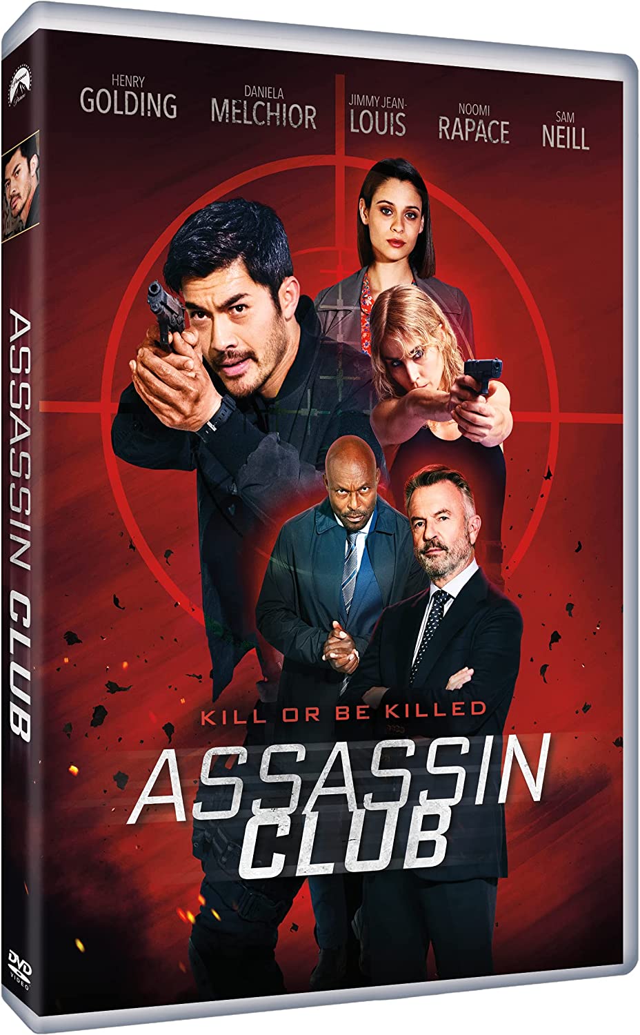 DVD cover for "Assassin Club" featuring actors with guns, red target overlay.