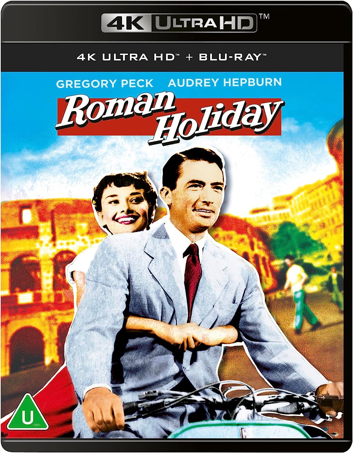 “Roman Holiday” 4K UHD Blu-ray cover featuring Gregory Peck and Audrey Hepburn.