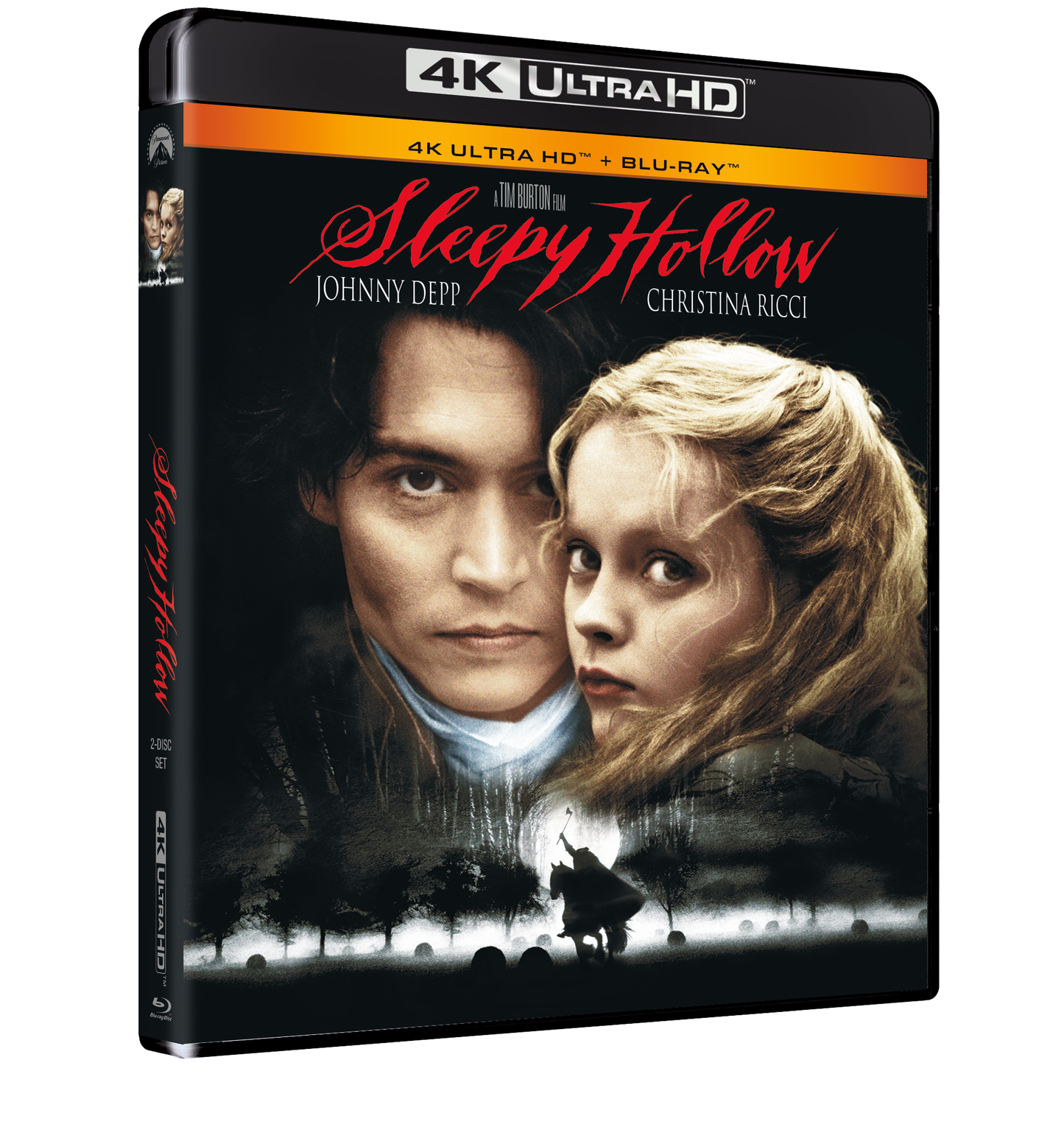 "Black 4K Ultra HD case featuring Johnny Depp and Christina Ricci in Sleepy Hollow movie cover."