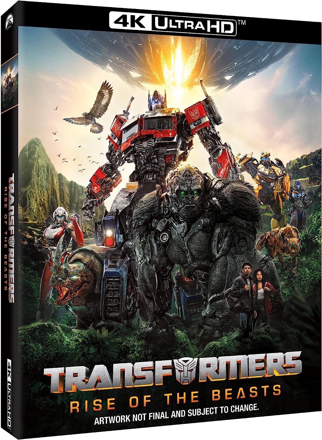 "Transformers: Rise of the Beasts 4K UHD Blu-ray box featuring Optimus Prime and other characters."